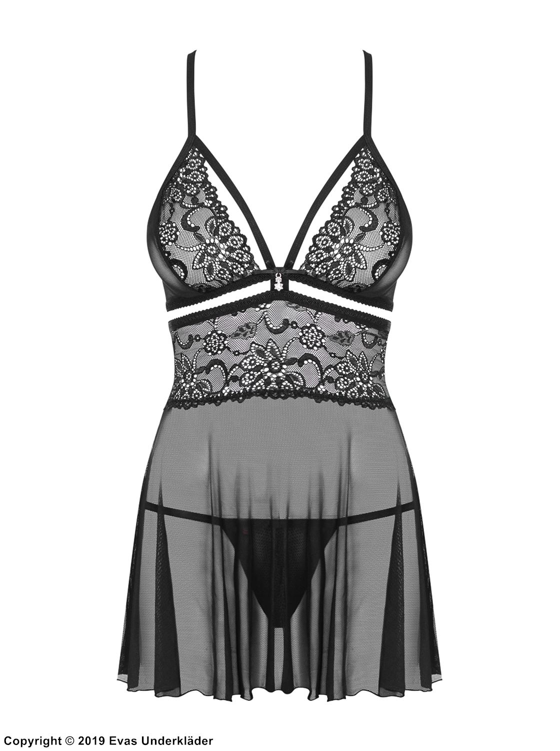 Seductive babydoll, lace overlay, straps over bust